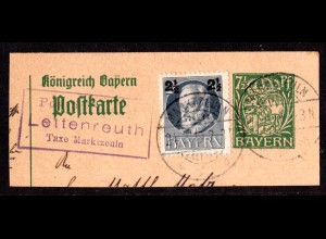 Bayern 1919, Posthilfstelle LETTENREUTH Taxe Marktzeuln auf Ganzsachenteil 