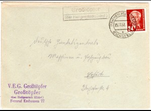 DDR 1952, Landpost Stpl. GROSSTÖPFER über Heiligenstadt auf Brief m. 24 Pf.