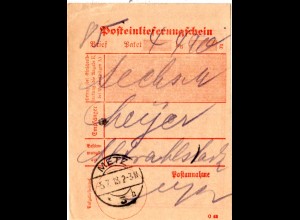 DR 1918, Posteinlieferungsschein m. Stpl. METZ