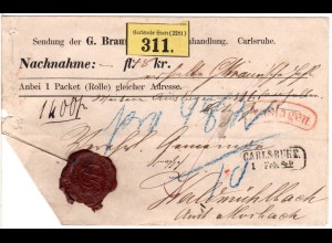 Baden, Nachnahme Paket Brief m. rotem AUSLAGEN Stpl. u. R2 Carlsruhe St.P.