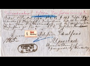 Bayern 1865, Fahrpoststempel NÜRNBERG auf Nachnahme Paketbrief n. Württemberg