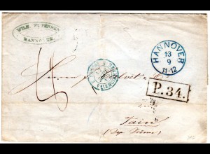 Hannover 1860, K1 HANNOVER u. Vertrags-R1 P.34. auf Porto Brief n. Frankreich.