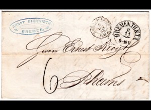 Bremen 1863, Taxis-K1 klar auf Porto Brief via Forbach n. Frankreich