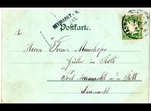 Bayern 1901, Aushilfs-L2 NEUMARKT a.R. als Ank.Stpl. auf Litho-AK v. Passau 