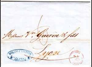 Italien Neapel 1850, roter K2 OUTRE-MER MARSELLE auf Porto Brief n. Frankreich