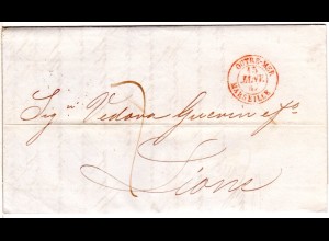 Italien Sicilia 1847, roter K2 OUTRE-MER MARSELLE auf Porto Brief n. Frankreich