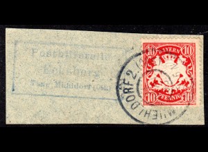Bayern 1903, Posthilfstelle ECKSBERG Taxe Mühldorf auf Briefstück m. 10 Pf.