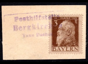 Bayern, Posthilfstelle BERGKIRCHEN Taxe Dachau auf Briefstück m. 3 Pf.