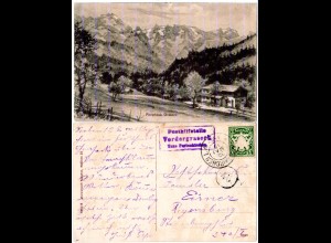 Bayern 1910, Posthilfstelle VORDERGRASECK Taxe Partenkirchen auf sw-AK m. 5 Pf.