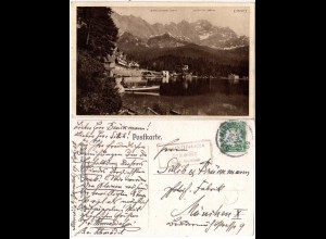 Bayern 1908, Posthilfstelle SCHMÖLZ Taxe Garmisch auf Eibsee sw-AK m. 5 Pf.