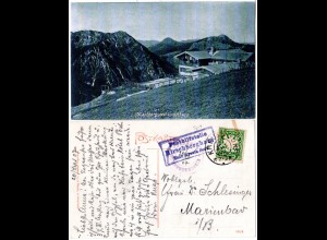 Bayern 1907, Posthilfstelle HIRSCHBERGHAUS Taxe Kreuth Dorf auf sw-AK m. 5 Pf