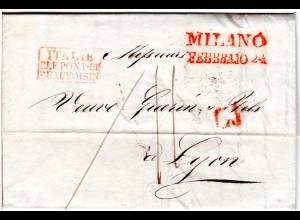 Lombardei 1836, rote L2 MILANO u. L I auf Brief n. Frankreich