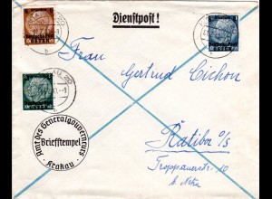 Generalgouvernement 1940, 3 Marken auf Dienstpost Brief v. Krakau 20