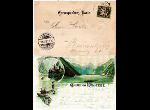 Bayern 1896, Saison-Postamt-K1 KÖNIGSSEE auf Vorläufertype Litho-AK m. 5 Pf.