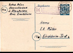 1946, Landpost Stpl. 14 HERRENTIERBACH über Blaufelden klar auf 12 Pf. Ganzsache