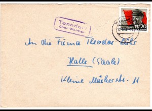 DDR 1956, Landpost Stpl. TONNDORF über Weimar auf Brief m. 20 Pf.