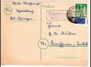DR 1948, Landpost Stpl. SCHWABBACH über Öhringen auf 10 Pf. Ganzsache 