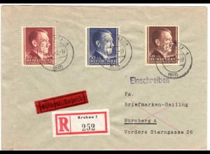 Generalgouvernement 1942, 3 Marken Hitler auf Reko Express Brief v. Krakau