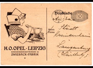 DR 1921, illustrierte Zwieback Drucksache Firmenkarte m. Freistpl. v. Leipzig