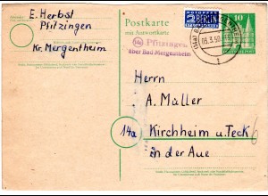 BRD 1950, Landpost Stpl. 14a PFITZINGEN über Bad Mergentheim auf 10 Pf Ganzsache