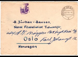 1948, blauer R2 Gebühr Bezahlt auf Brief v. HOHNDORF (SBZ) n. Norwegen