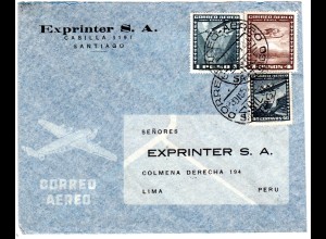 Chile 1954, 40 C.+1+4 P. auf Luftpost Brief v. Santiago n. Peru.