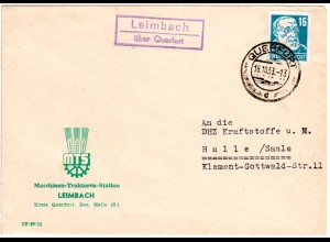 DDR 1953, Landpost Stpl. LEIMBACH über Querfurt auf Brief m. 16 Pf. 