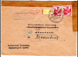 1949, Landpost Stpl. 14b ZUSSDORF über Ravensburg auf Brief m. 2x20 Pf.