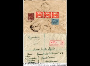 Indien 1950, R-Zettel INDIAN EMBASSY, NEPAL auf Einschreiben Brief m. 5 Marken