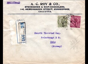 Indien 1931, 2+4 As. auf Firmen Einschreiben Brief v. Calcutta n. Norwegen
