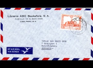 Peru 1962, EF 4,30 S Inka Sonnen Observatorium auf Luftpost Brief n. Deutschland