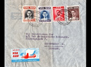 Thailand 1952, 4 Marken auf Luftpost Brief m. SAS Air Mail label n. Dänemark