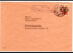 1946, Landpost Stpl. 13b TEISING über Mühldorf auf Brief m. 24 Pf.