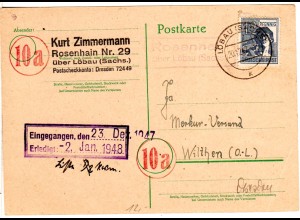 1947, Landpost Stpl. ROSENHAIN über Löbau auf Karte m. 12 Pf.