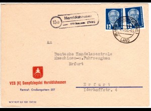DDR 1953, Landpost Stpl. 15a HEROLDISHAUSEN über Mühlhausen auf Brief m. 2x12 Pf