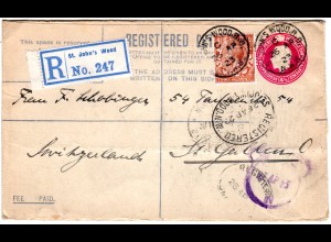 GB 1923, 1 1/2d Zusatzfr. auf 4 1/2d R-Ganzsachenumschlag v. St. John´s Wood