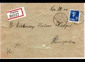 Norwegen 1935, EF 30 öre auf Orts Wert-Brief v. Ringsaker