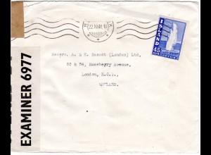 Island 1941, EF 45 Aur Geysir auf Zensur Brief n. GB