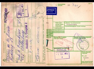BRD 1972, Luftpost Paketkarte v. LADENBURG m. Schweden Porto-Etikett 