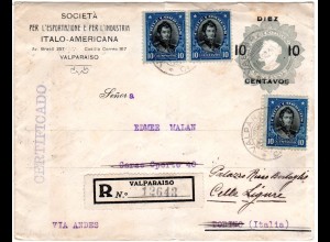 Chile 1915, 3x10 C. Zusatzfr. auf 10/5 C. Reko Ganzsache Brief m. Italien Zensur
