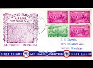 USA 1938, 4 Marken auf Erstflug Brief Baltimore-Bermuda