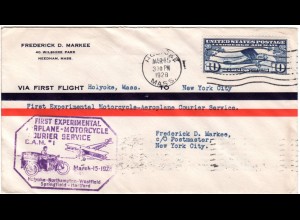 USA 1928, 1st. Experimental Motorcycle-Airmail Courier cover from Holyoke