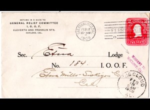 USA 1908, L2 MISSENT TO McCLOUD, CAL. auf 2 C. Ganzsache Brief v. San Francisco