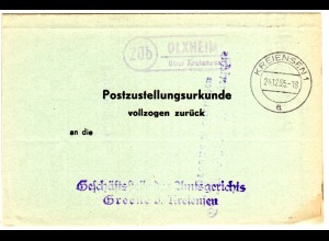 BRD 1955, Landpost Stpl. 20b OLXHEIM über Kreiensen auf Postzustellungsurkunde 