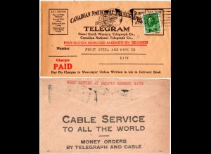 Kanada 1924, 2 C. auf Canadian National Telegraphs Telegram Umschlag v. Hamilton