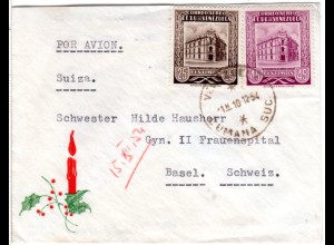 Venezuela 1954, 25+45 C. Postamt Caracas auf Weihnachtsbrief v. Cumaná i.d. CH.