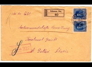 Österreich 1917, 2x25 H. auf Reko Zensur Brief v. Schwaz Tirol i.d. Schweiz