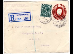 GB 1925, 4d auf 1 1/2d Ganzsache Brief per Einschreiben v. Leytonstone n. Oslo