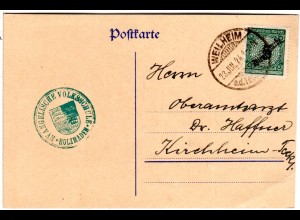 DR 1924, 5 Pf. Dienst auf Karte m. grünem Wappenstpl. Ev. Volksschule Holzmaden