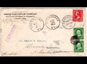 USA 1902, 2 C. auf Brief v. Omaha, mit Paar 2 C. nachgesendet v. Sherburne